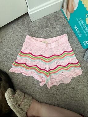 Pink Knit Womens Shorts with Multicolor Stripe Detail
